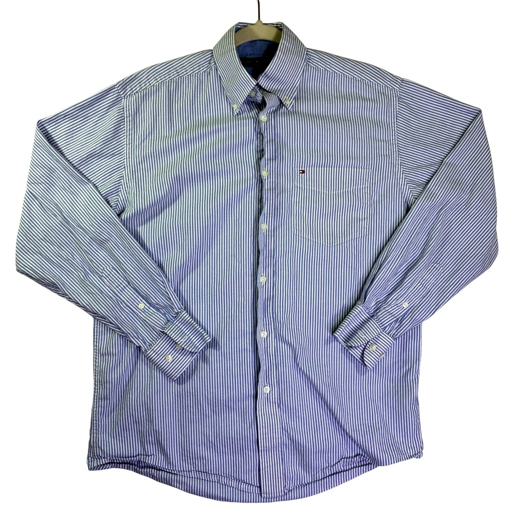Tommy Hilfiger Mens Small Blue White Striped Button Down Oxford Shirt LS